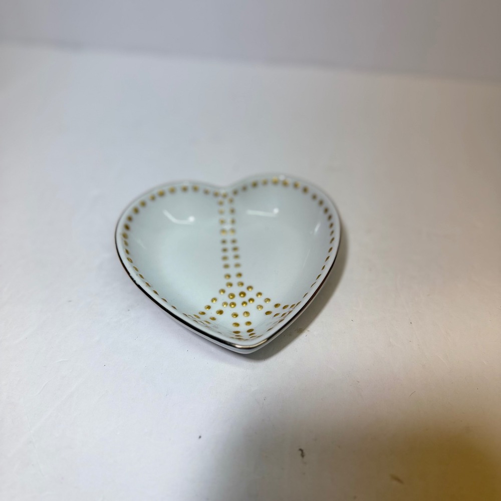 Pottery Barn Heart Trinket Dish White Ceramic Gold Dotted Peace Sign Decorative